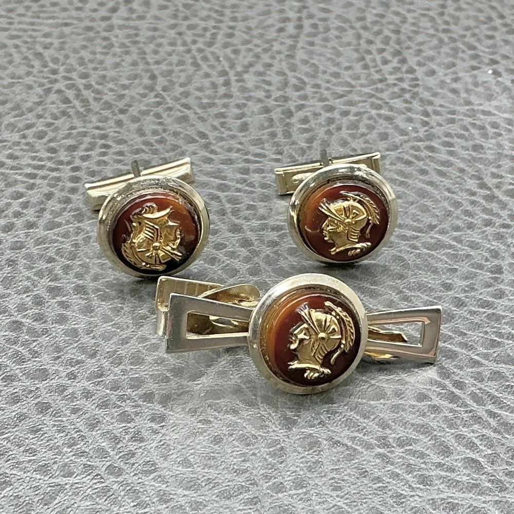 Vintage Mens Roman Warrior Cufflinks Tie Bar Set Gold Tone Brown Cameo Cabochon